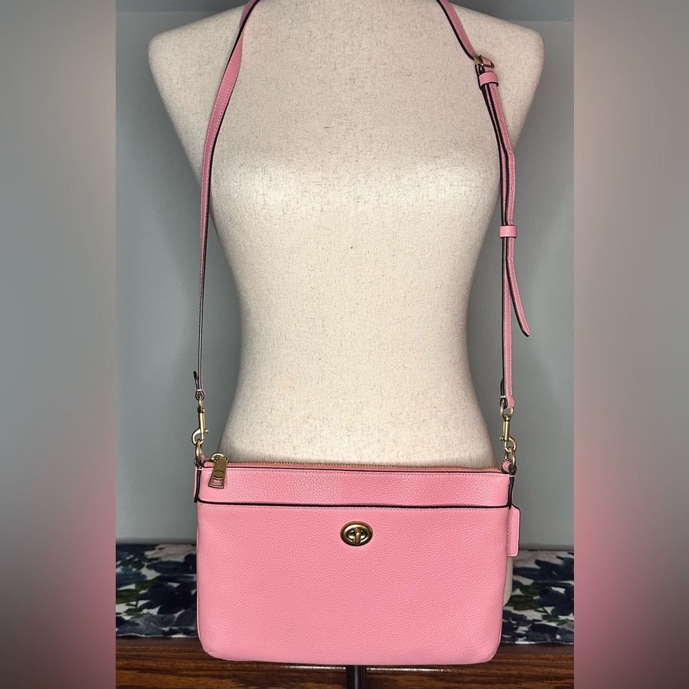 COACH Polly Pebble Leather Top Zip Crossbody Bag in Bubblegum